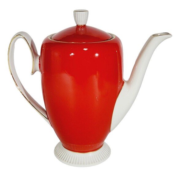 Chodziez Footed Coffee Teapot Red MCM Vtg Poland Ceramic Retro Tall Gold Trim - Picture 1 of 15